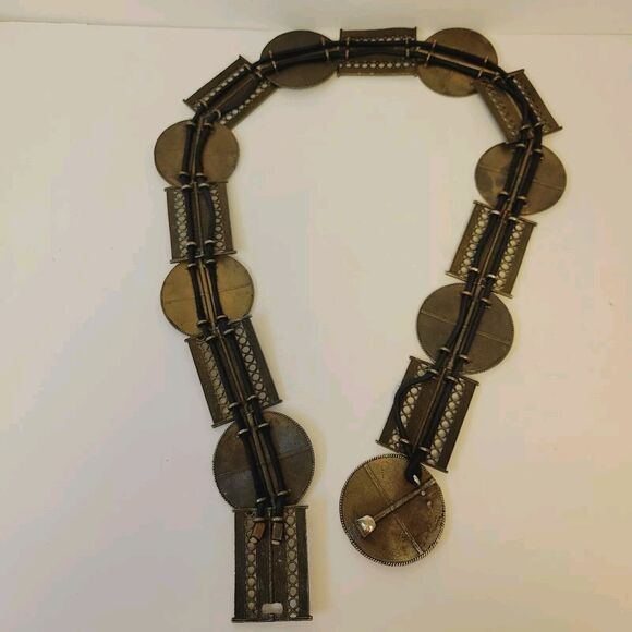 Vintage Rare Brass Boho Link Chain Medalion Heavy Belt Necklace - Picture 4 of 11